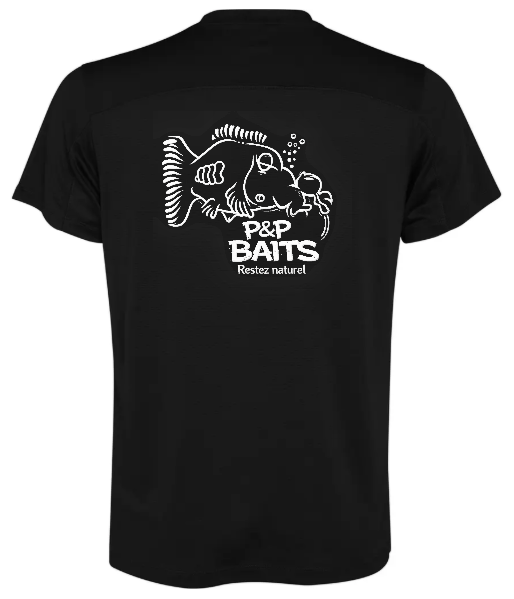 T-shirt P&P Baits noir avec illustration carpe au dos – t-shirt pêche à la carpe