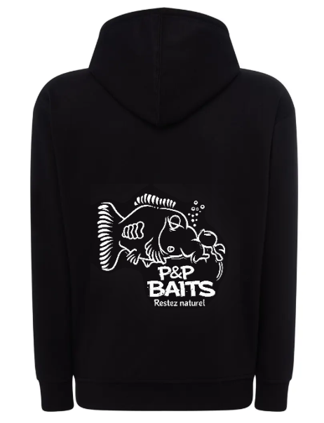 Veste P&P Baits noir avec logo dos  vêtement pêche à la carpe